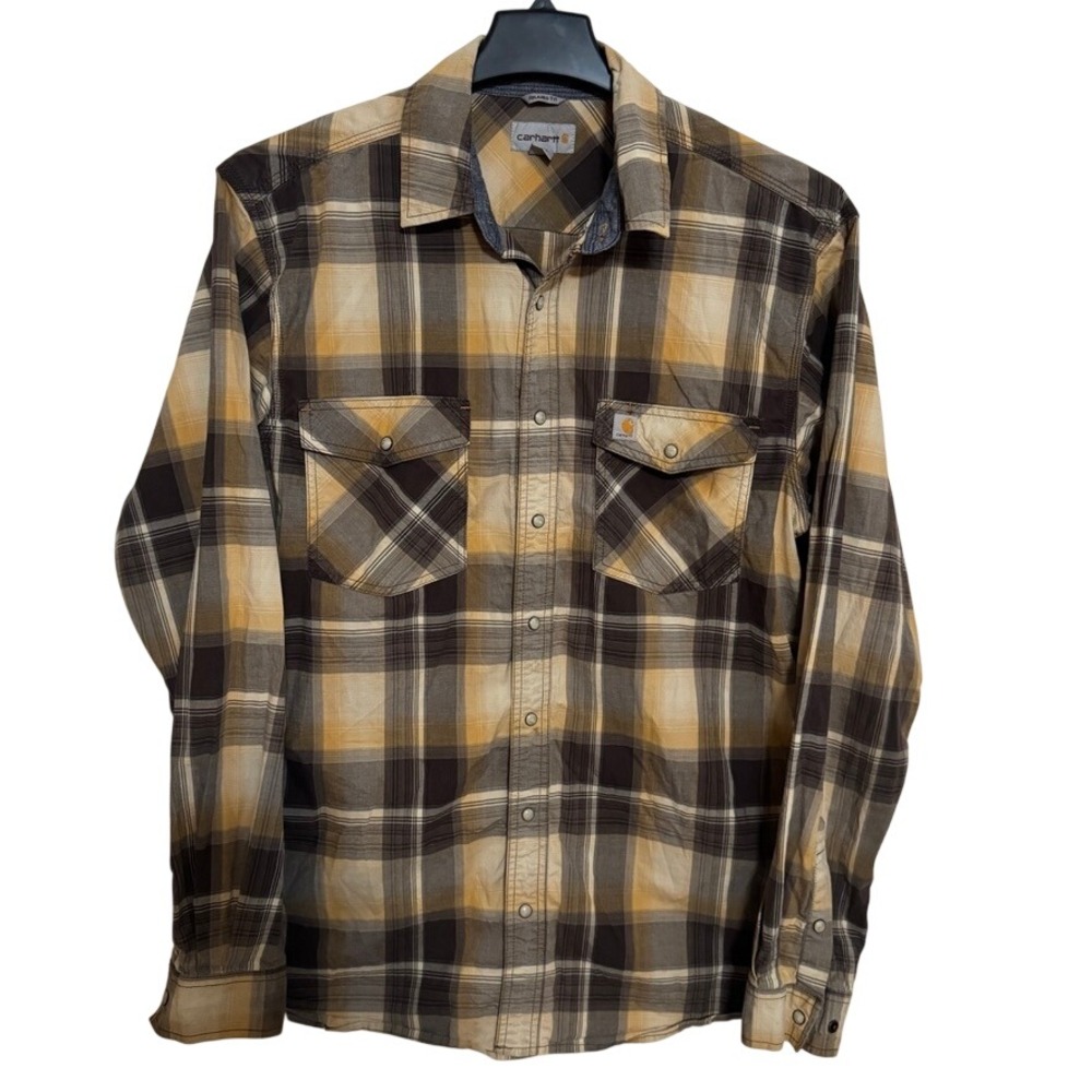 Carhartt Pearl‎ Snap Shirt Mens Tall L Relaxed Fit Flannel Long Sleeve Tan Brown